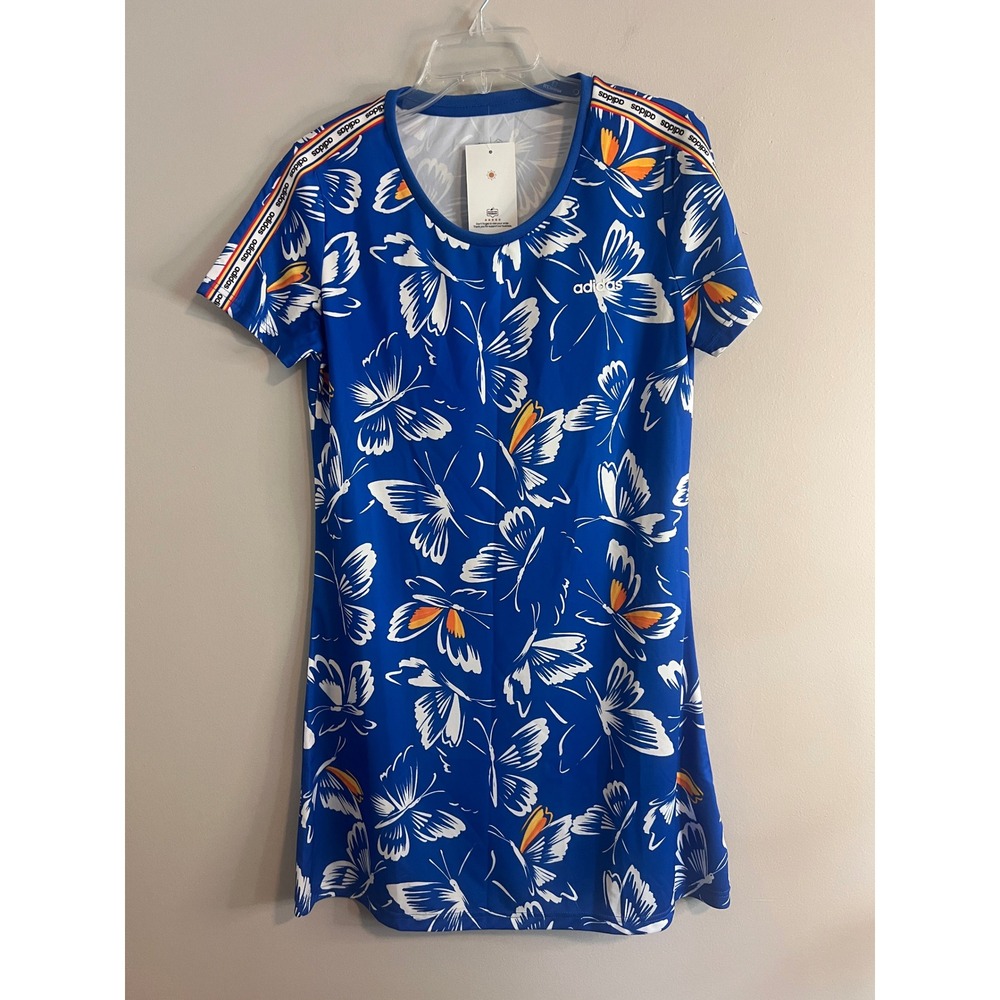 Adidas The FARM Company Butterfly Print Dress Blue White Orange Size Medium